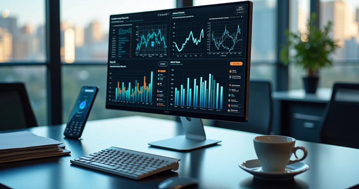 Computador com tela exibindo gráficos financeiros e dados de crédito em ambiente de escritório moderno 