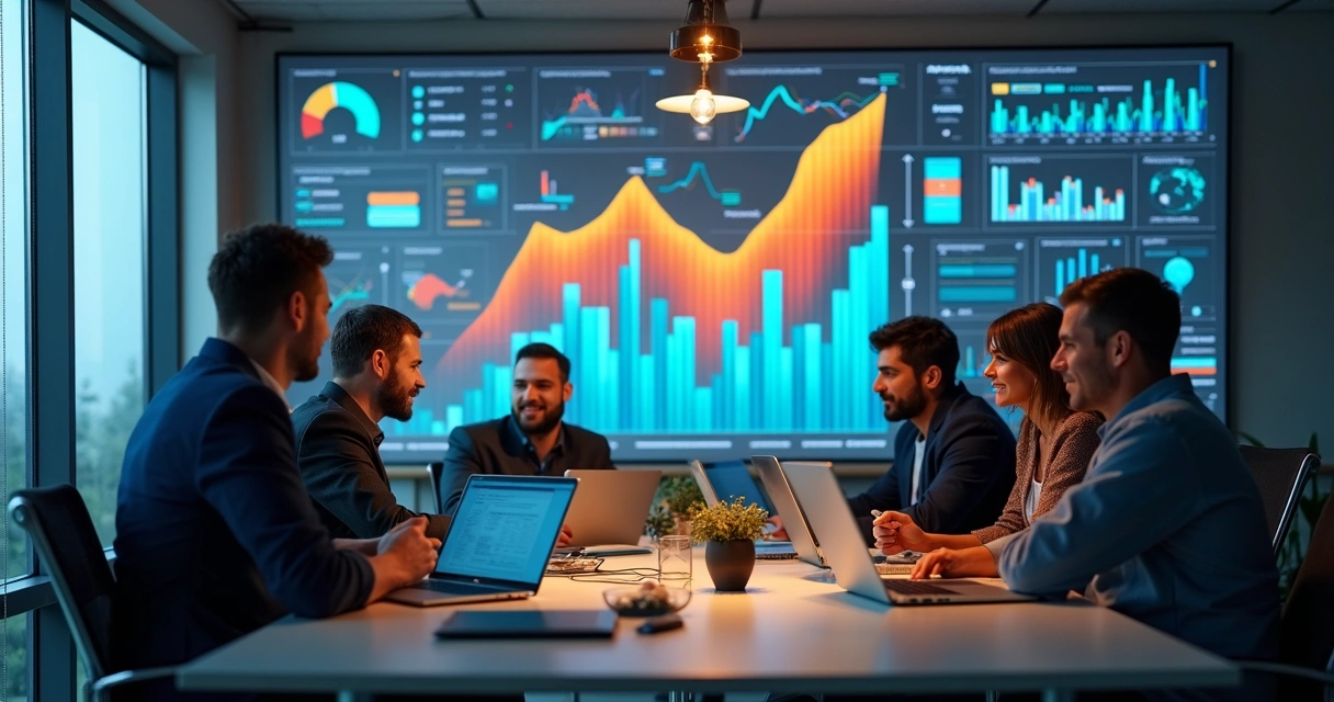 Equipe analisando gráficos de crescimento em sala de reunião