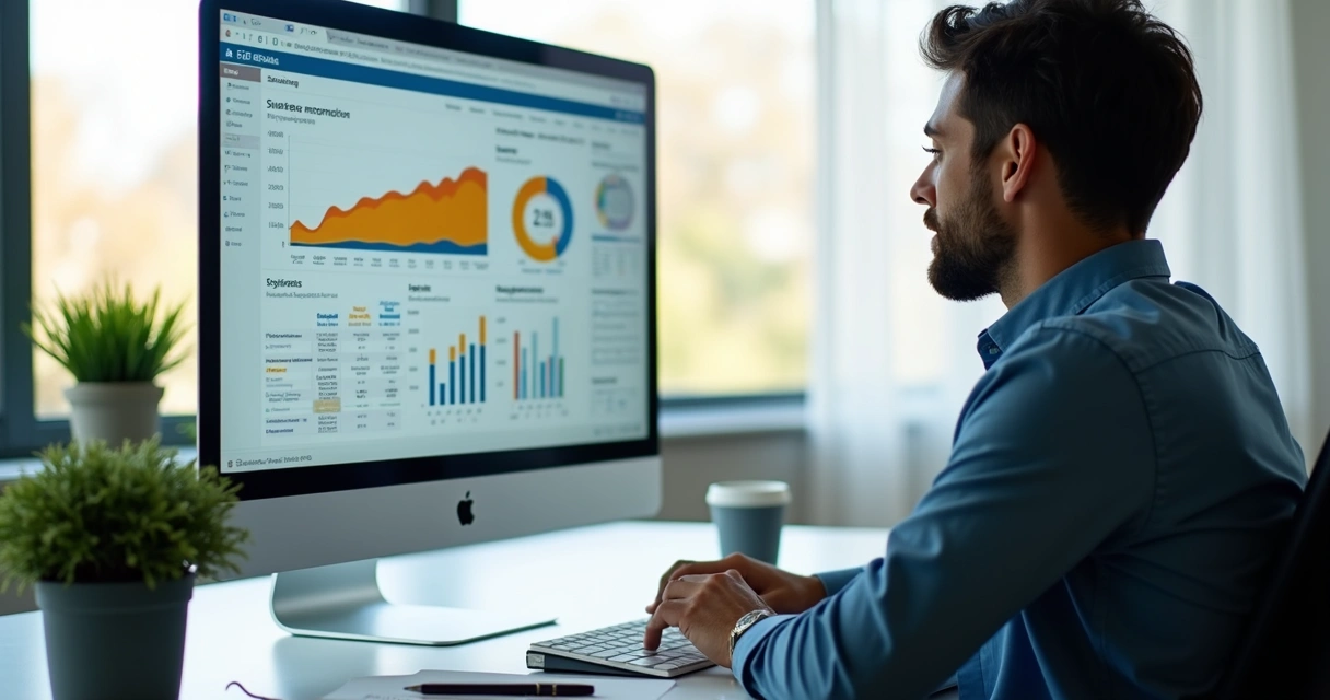 Pessoa analisando gráficos de vendas B2B em tela de computador com relatórios 