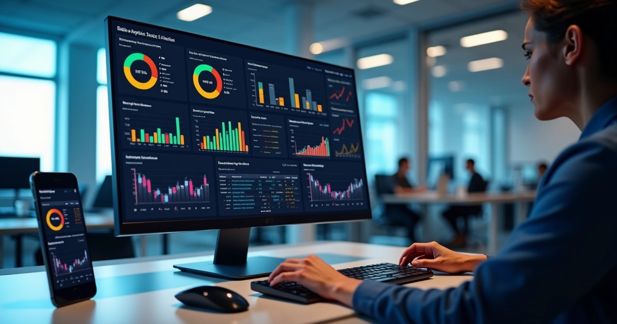 Dashboard digital com gráficos de vendas e análise de dados em tela de computador moderno 