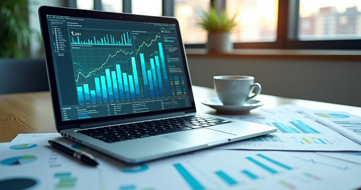 Mesa com laptop exibindo gráficos de análise de dados empresariais e documentos organizados ao redor 