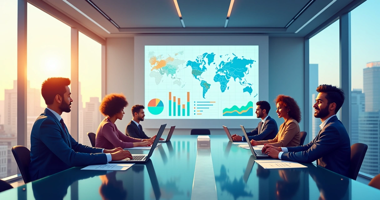 Equipe analisando gráficos digitais em uma sala de reunião moderna 
