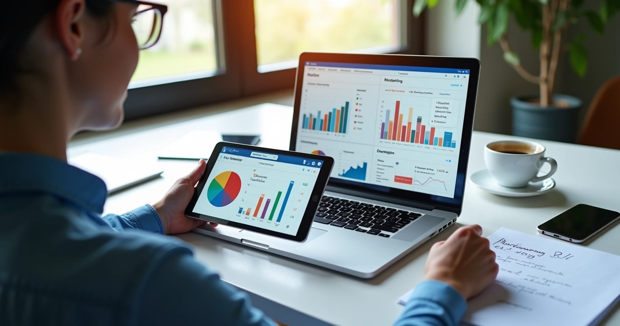 Pessoa analisando gráficos e dados de campanha no Facebook Ads em laptop e tablet 