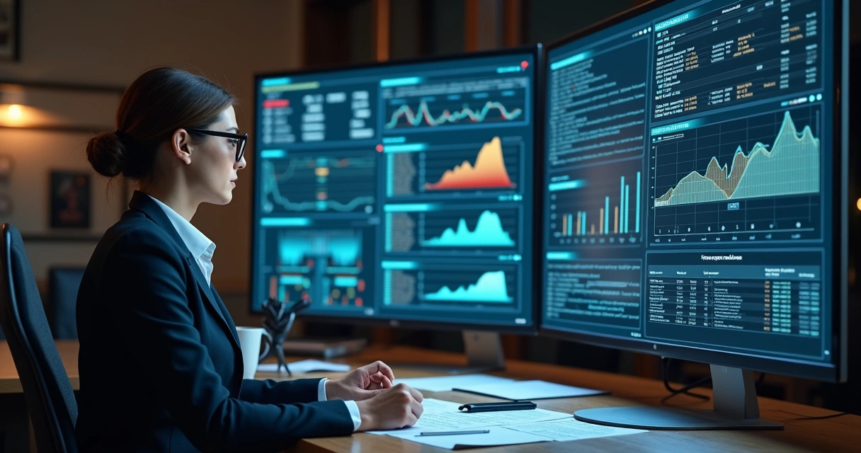 Profissional analisando dados fiscais em painel digital 