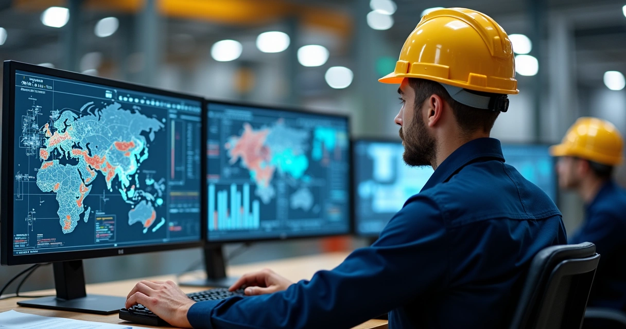 Engenheiro analisa gráficos de manutenção em fábrica 