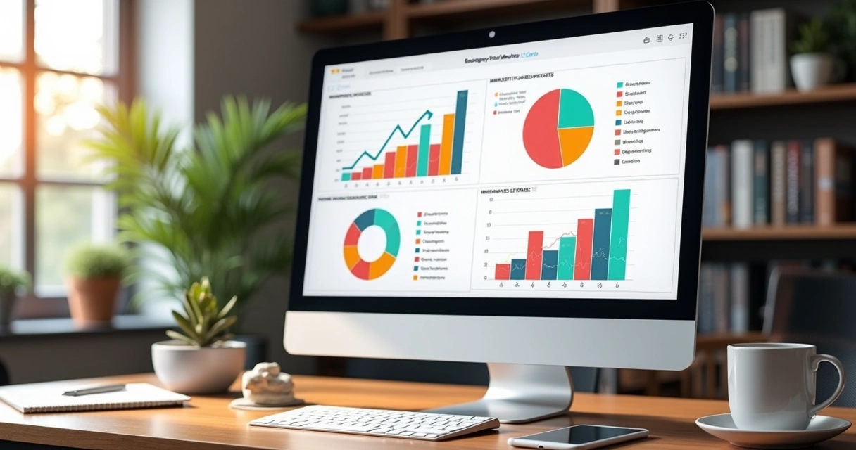 Tela de computador exibindo gráficos de marketing e KPIs em ambiente de escritório moderno 