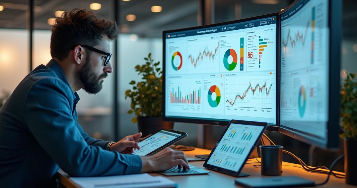 Profissional analisando gráficos complexos de marketing em uma tela grande 