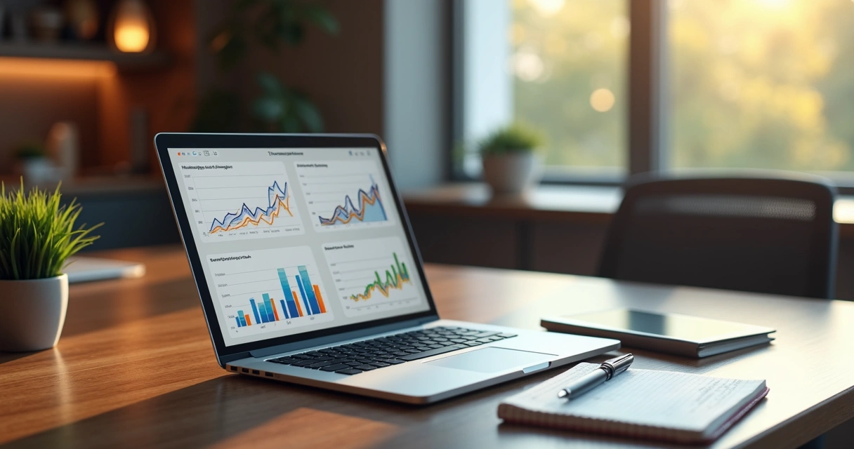 Mesa moderna com laptop, gráficos e anotações para análise de marketing digital 