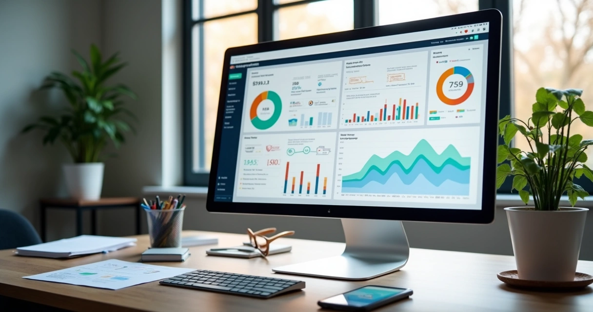 Tela de computador exibindo dashboards analíticos com gráficos de uso e métricas de clientes SaaS 