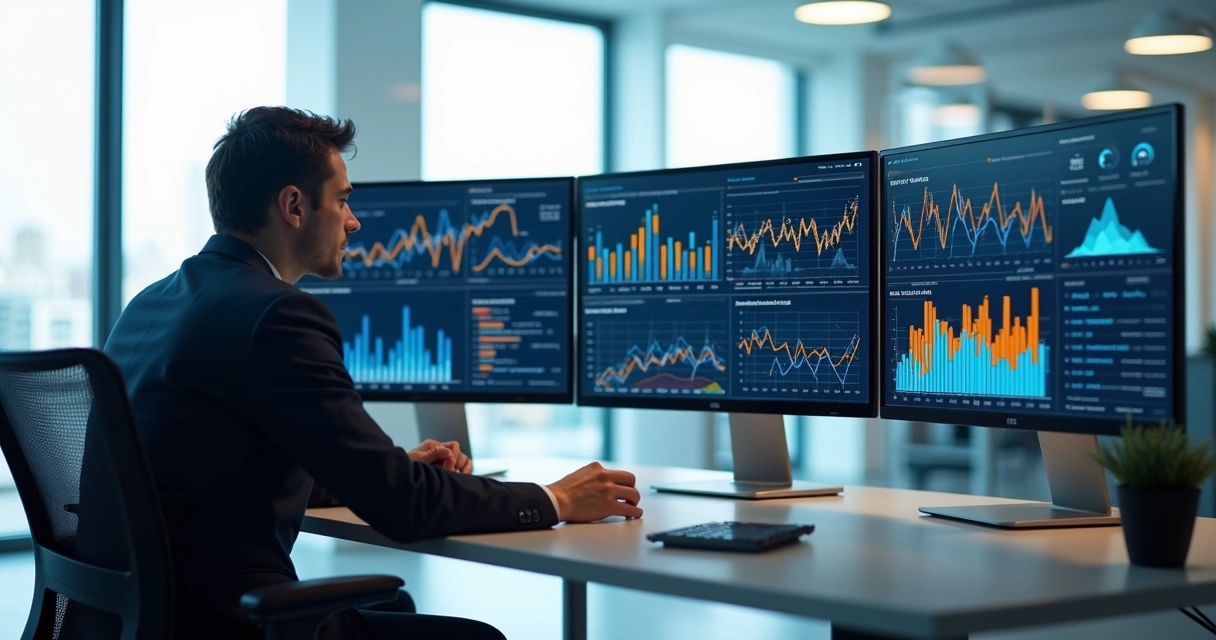 Pessoa analisando gráficos e dados em múltiplas telas de computador em escritório moderno 