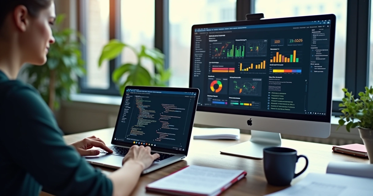 Pessoa usando notebook com gráficos do Power BI e código Python em exposição