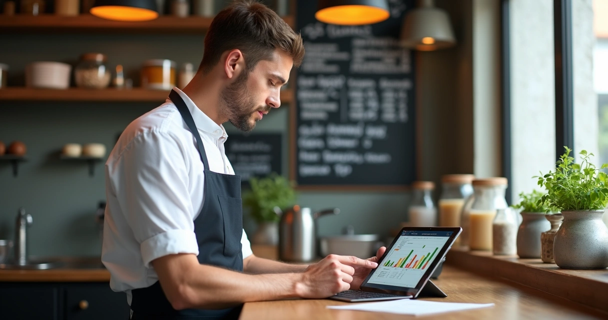 Gestor de restaurante avaliando gráficos de vendas em tablet 