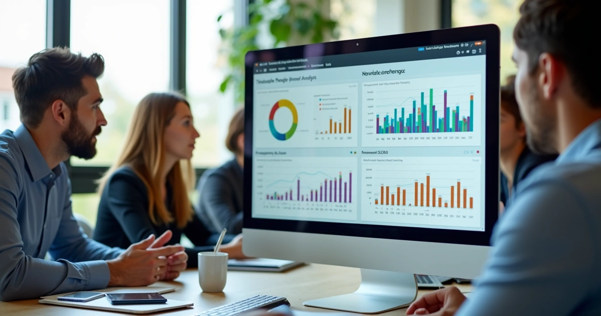 Tela de computador mostrando gráficos e métricas de People Analytics para RH, com pessoas discutindo dados ao fundo 