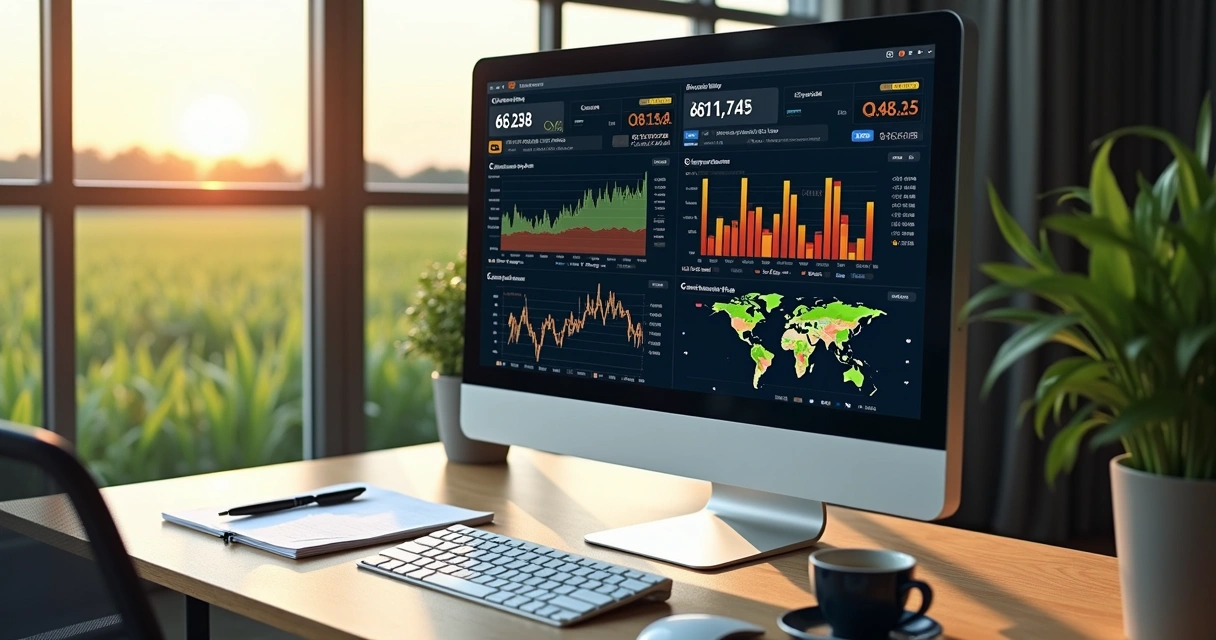 Tela de computador mostrando análise de dados de soja, gráfico de preços, planilha e mapas climáticos. 