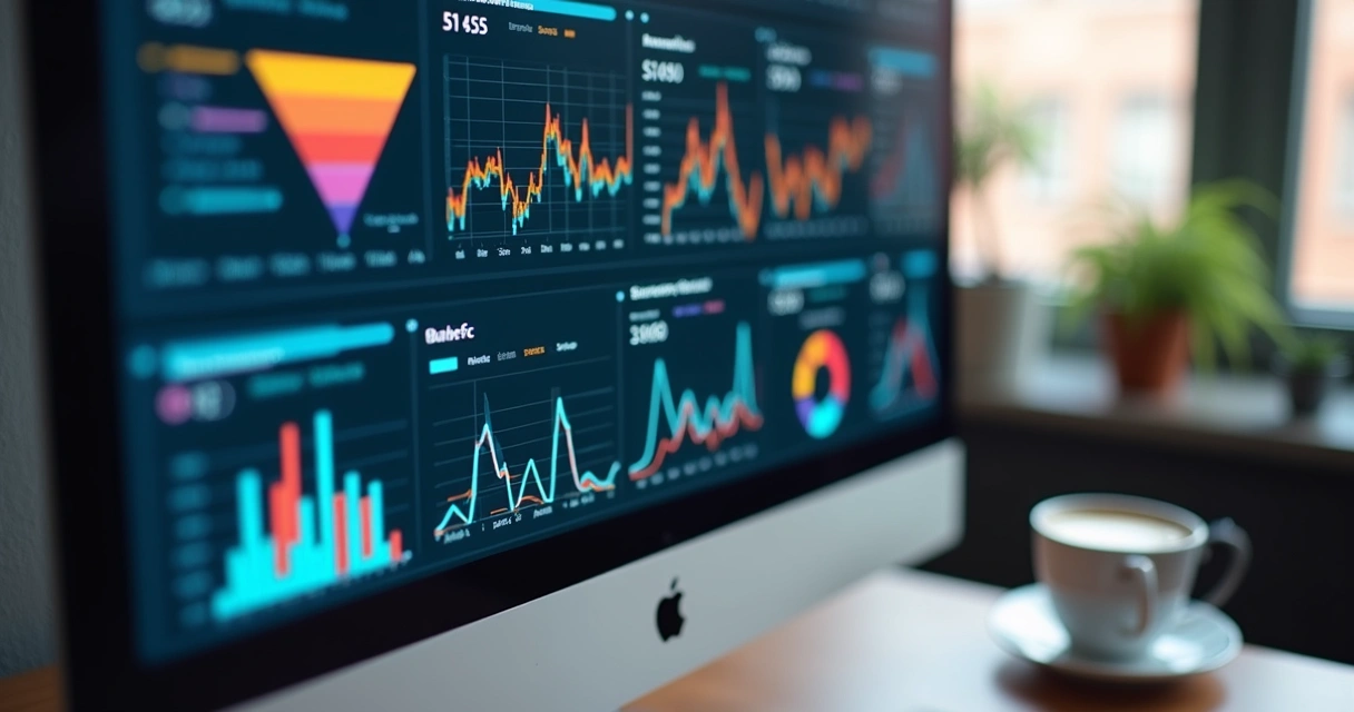 Monitor com gráficos de análise de tráfego pago em ambiente de escritório.