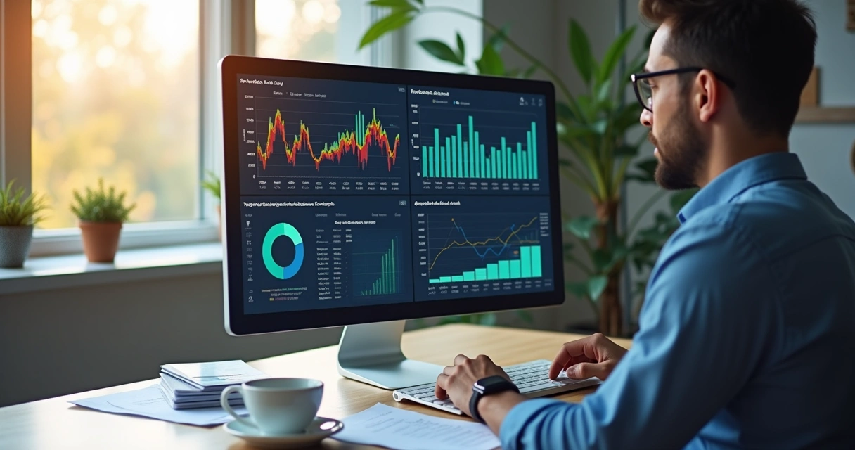 Profissional analisando dashboard de vendas e leads em tela de computador