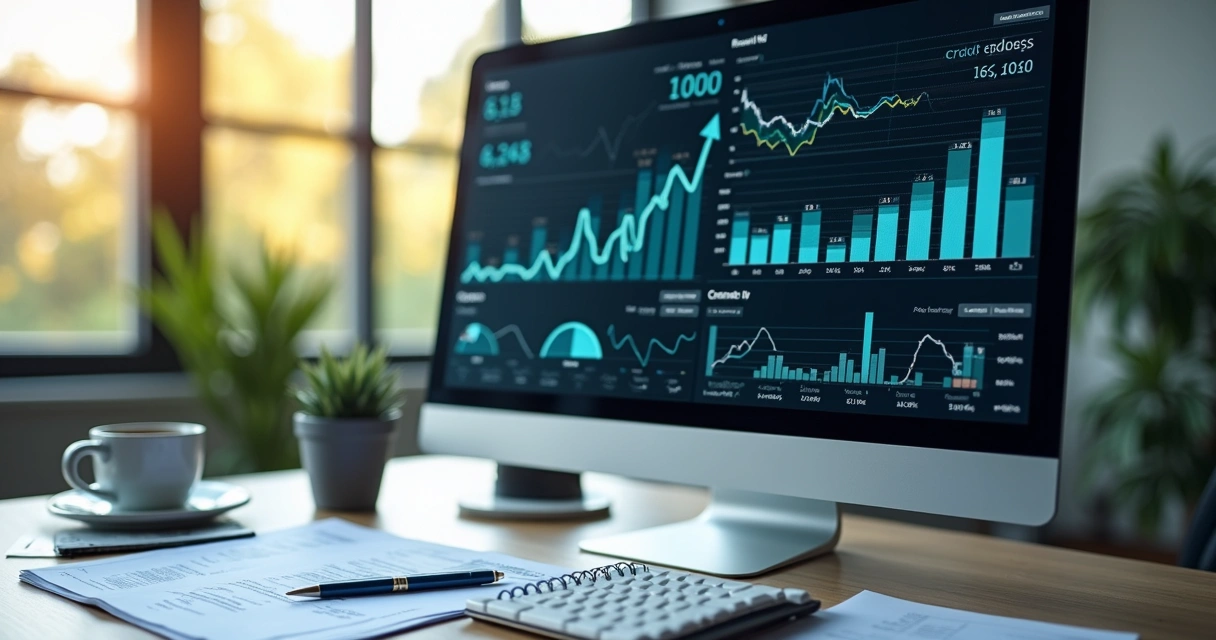 Computador mostrando gráficos detalhados de KPIs de crédito em ambiente de escritório moderno 