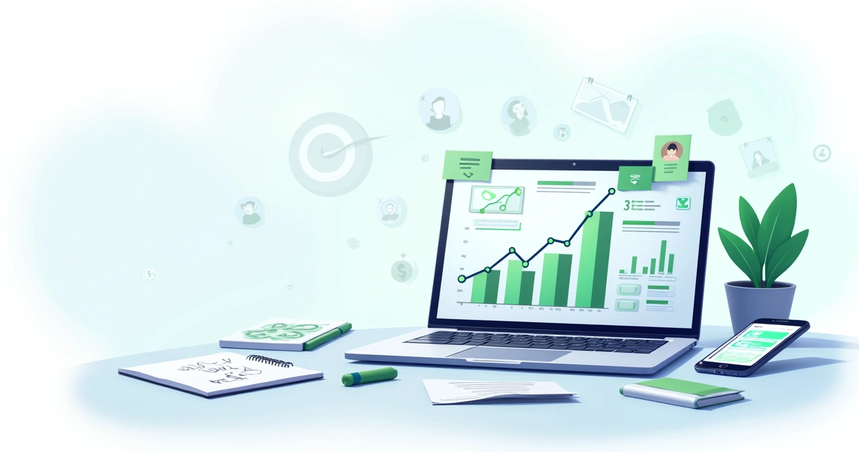 Um laptop com gráficos de marketing na mesa, indicando crescimento em vendas com um fundo azul suave.