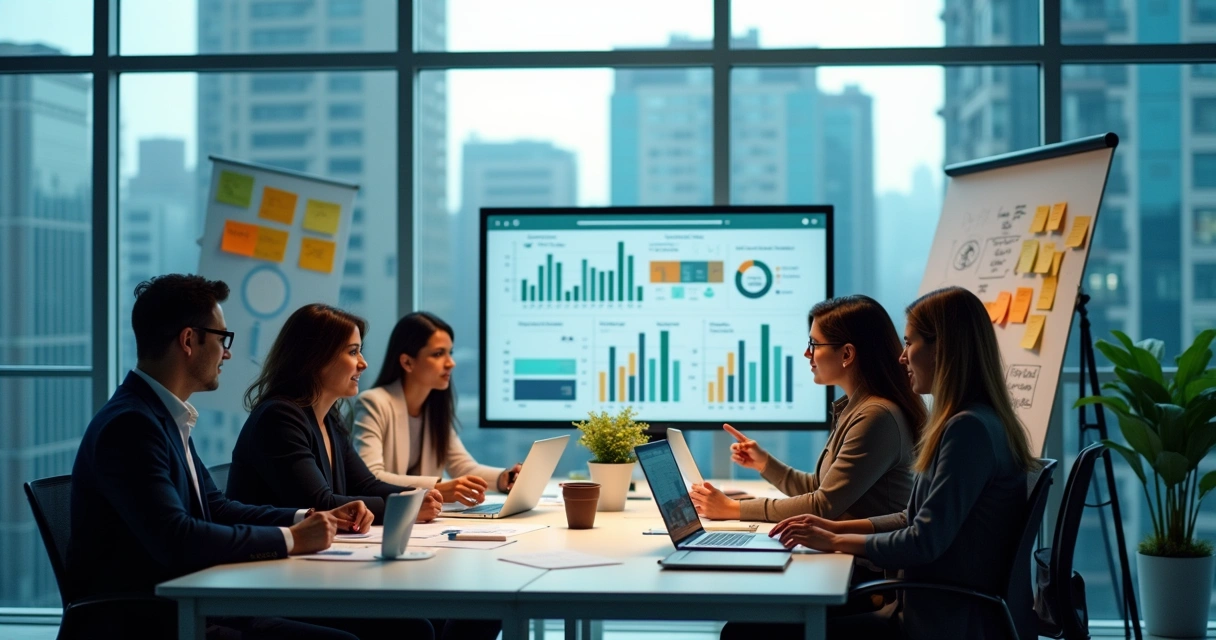 Profissionais em um escritório analisando dados de mercado e concorrência com gráficos e anotações.