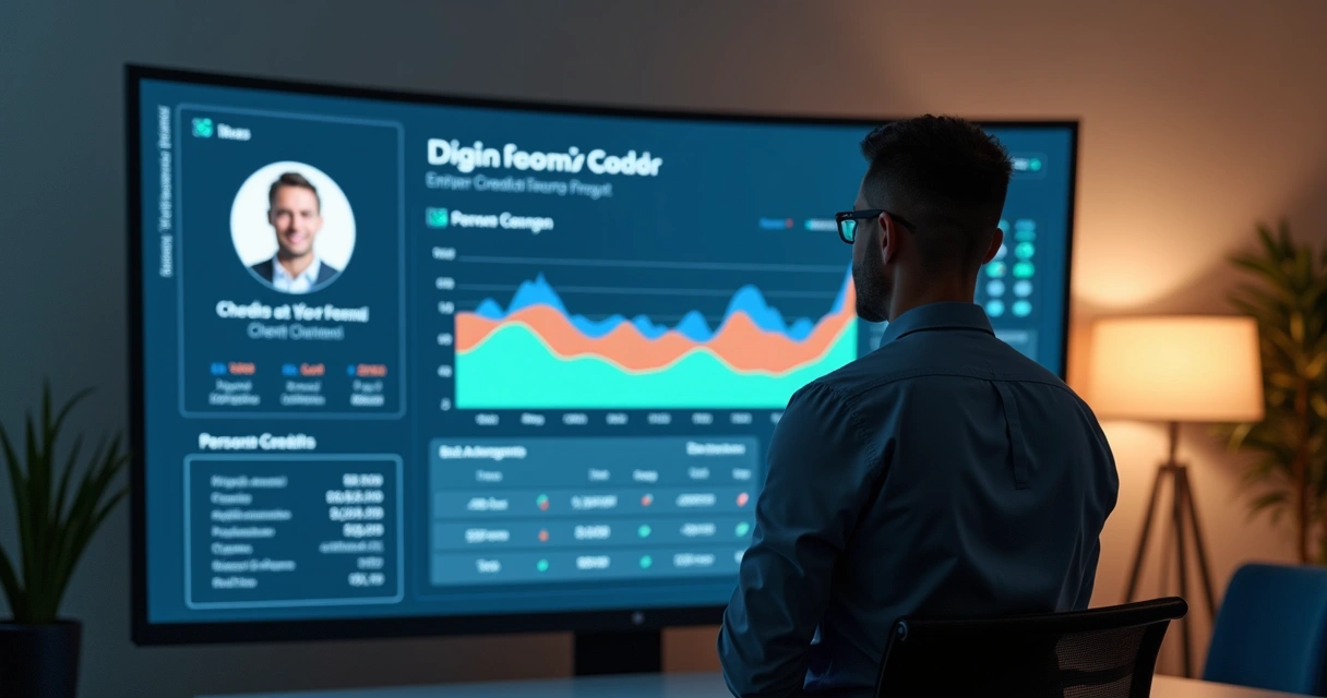 Profissional analisando perfil digital em tela com informações do cliente 