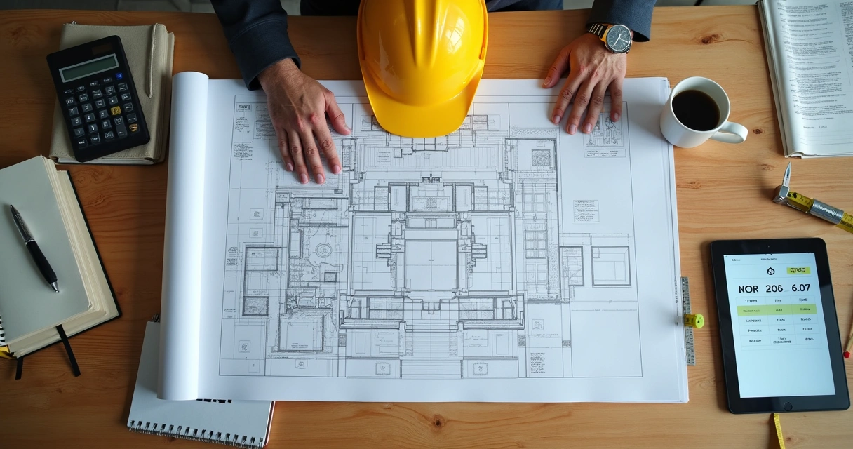 Planta de obra sendo analisada com capacete e notebook