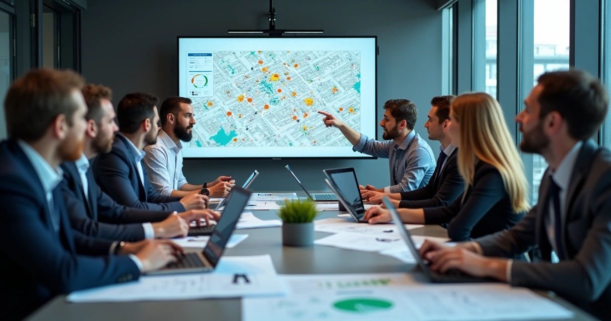 Equipe analisando dados de projetos de construção civil 