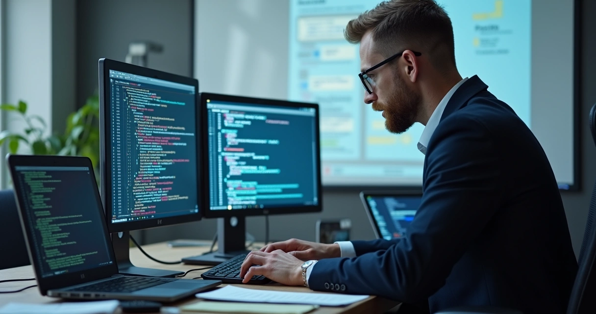 Advogado usando computador analisando provas digitais em ambiente de escritório