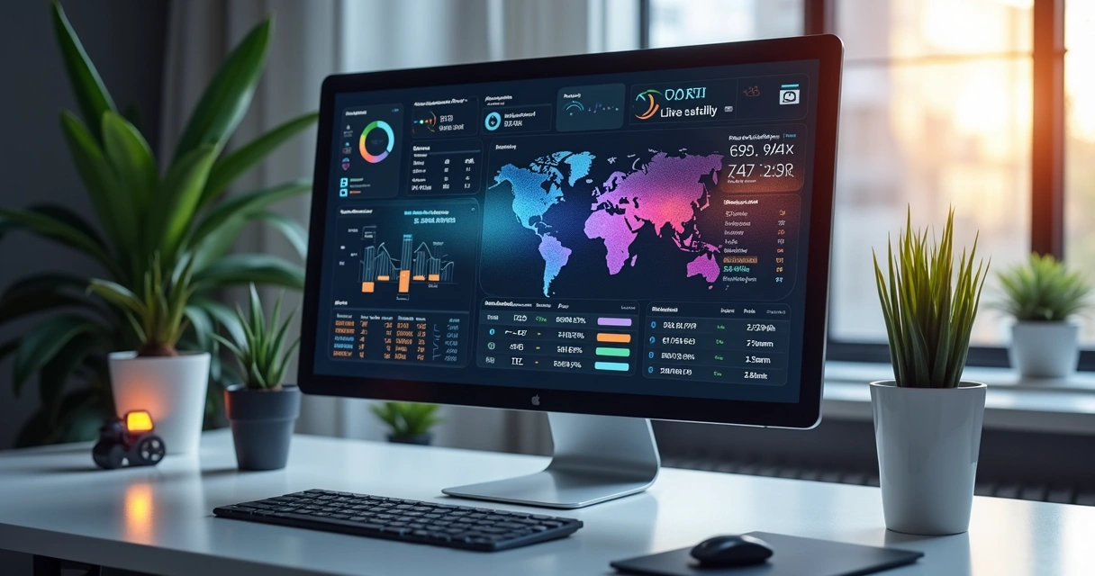 Tela de computador exibindo gráficos de análise de reputação digital com dados e palavras-chave destacadas 