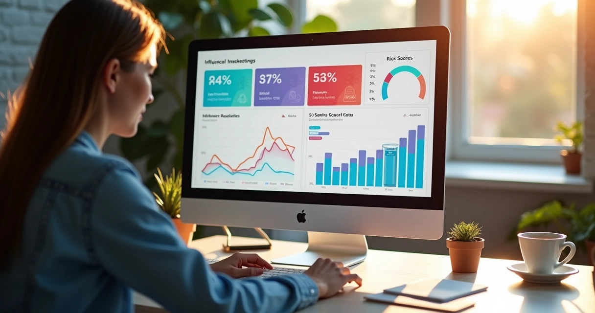 Dashboard colorido de análise de reputação de influenciadores digitais no computador 