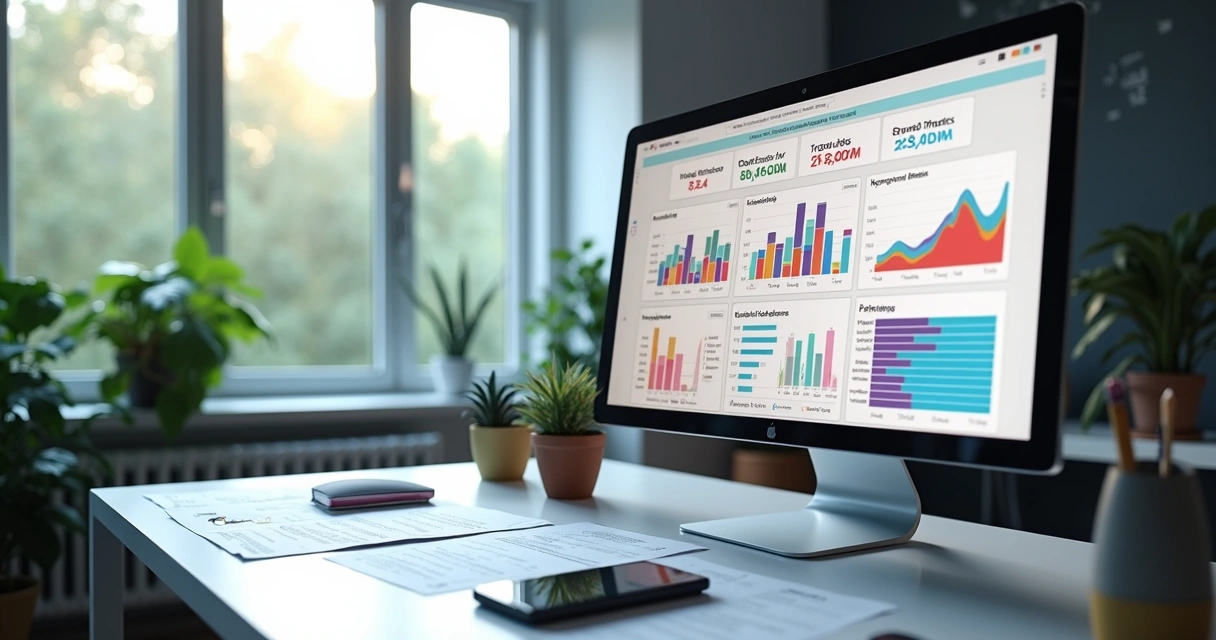 Computador com dashboard exibindo análise de reputação e gráficos de brand safety detalhados 