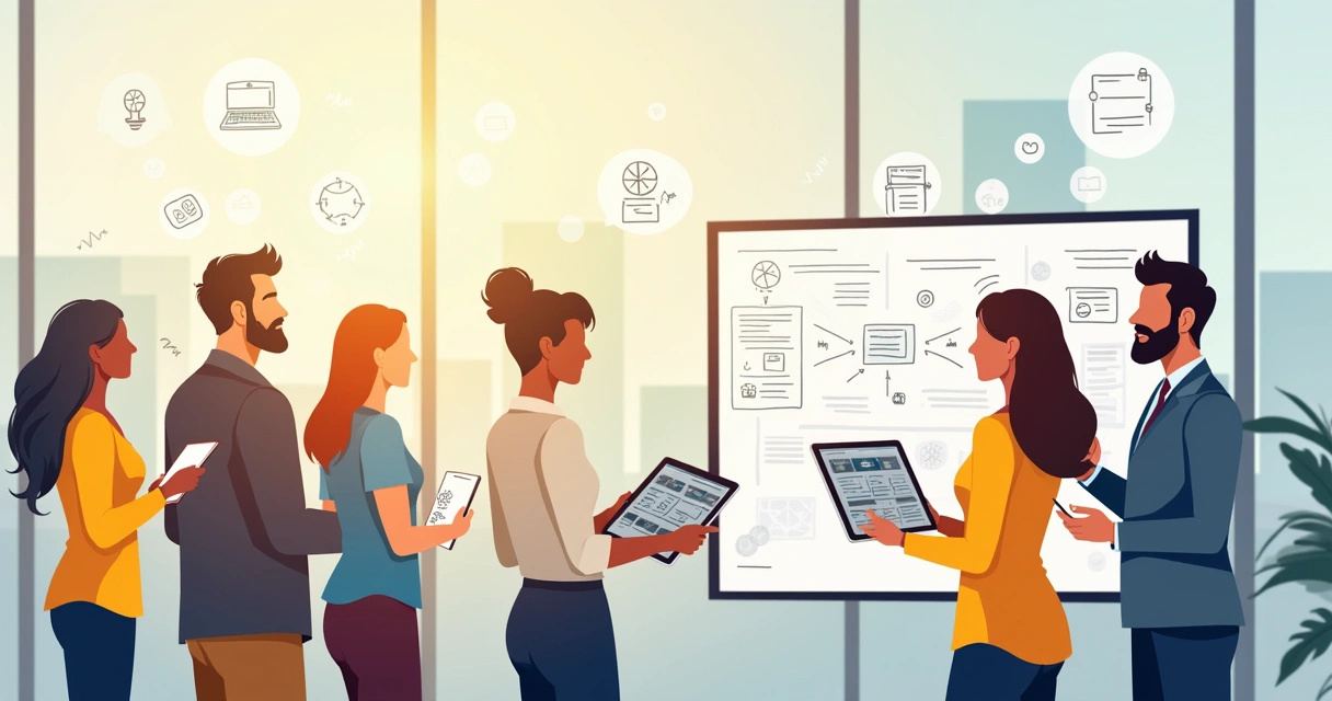 Ambiente de escritório com pessoas discutindo análise de requisitos, protótipos e planejamentos em um espaço colaborativo.