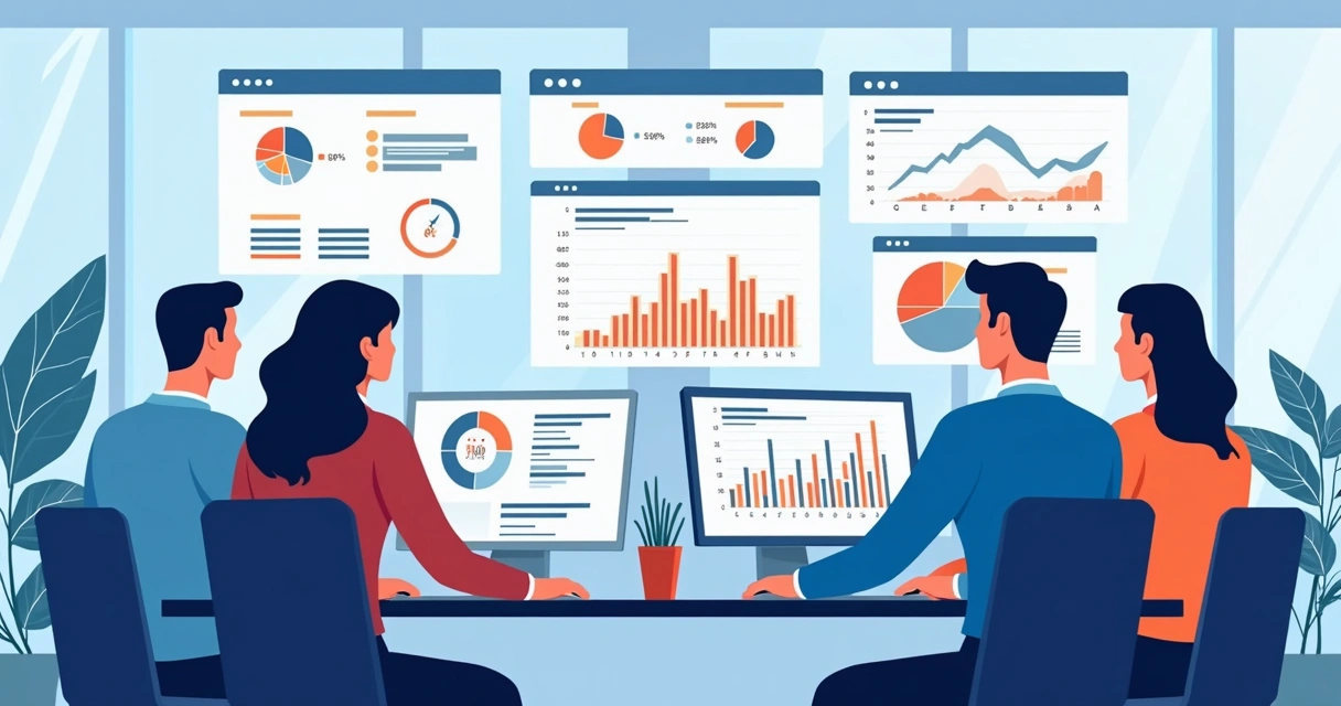 Equipe analisando métricas de desempenho de landing pages em computadores 