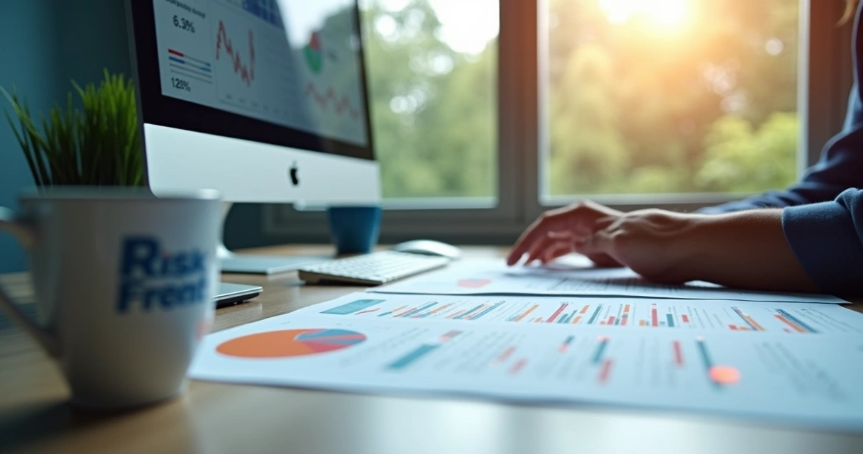 Profissional analisando relatórios de risco empresarial em um escritório moderno 