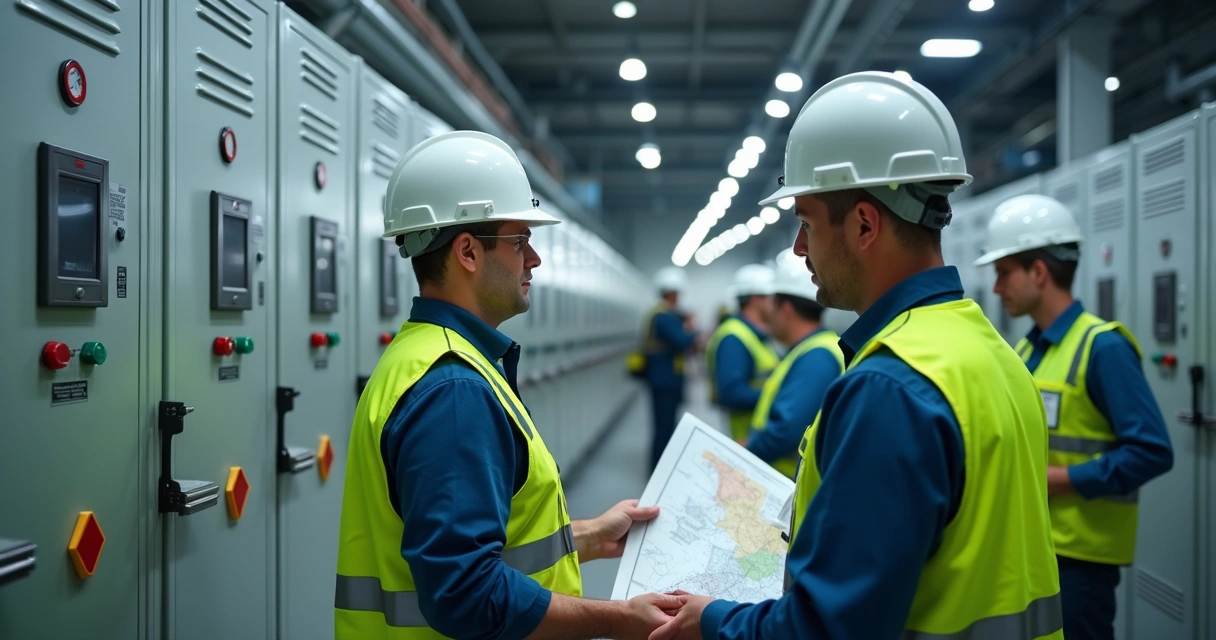 Técnicos analisando painéis elétricos industriais com diagramas abertos