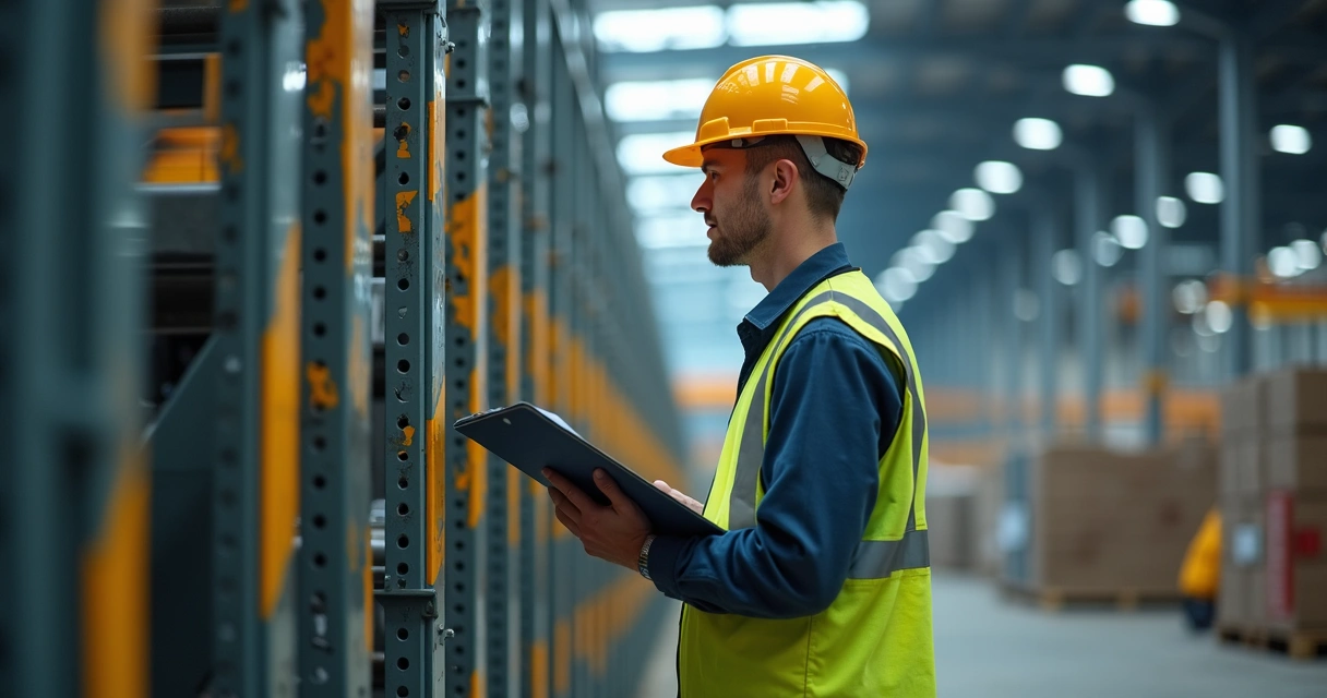 Profissional com prancheta analisando riscos de máquina 