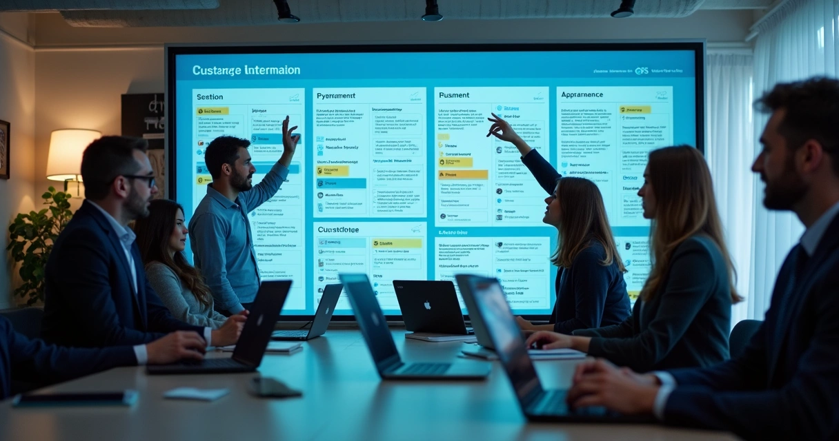 Equipe avaliando categorias de feedbacks organizados em quadro digital 