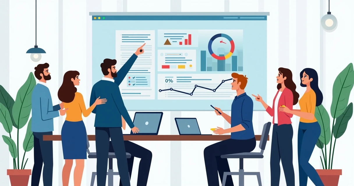 Equipe analisando dados de teste em monitores, gráficos de conversão, escritório moderno 