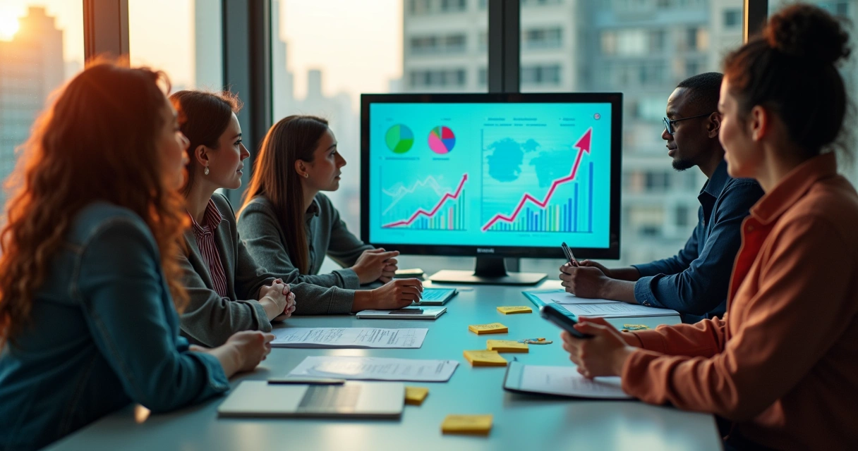 Equipe analisando gráficos de vendas em um escritório moderno com vista para a cidade.