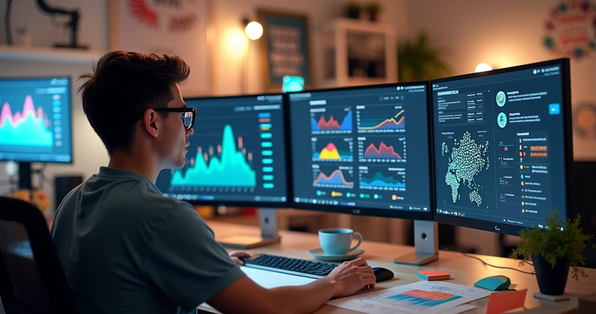 Criador de conteúdo analisando gráficos de visualizações e retenção de vídeos.