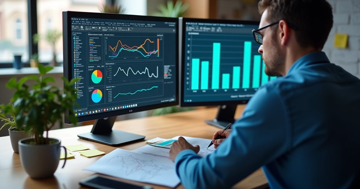 Profissional analisando dados em dois monitores sobre suporte de TI 