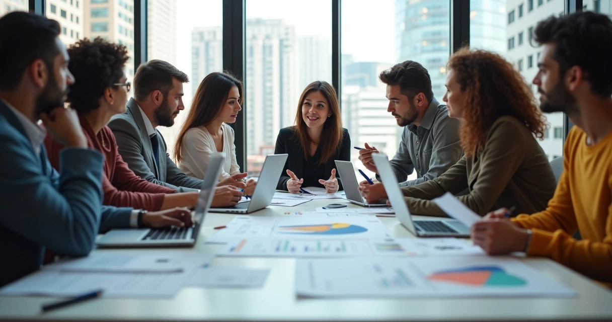 Grupo de pessoas analisando papéis e gráficos em mesa de reunião. 