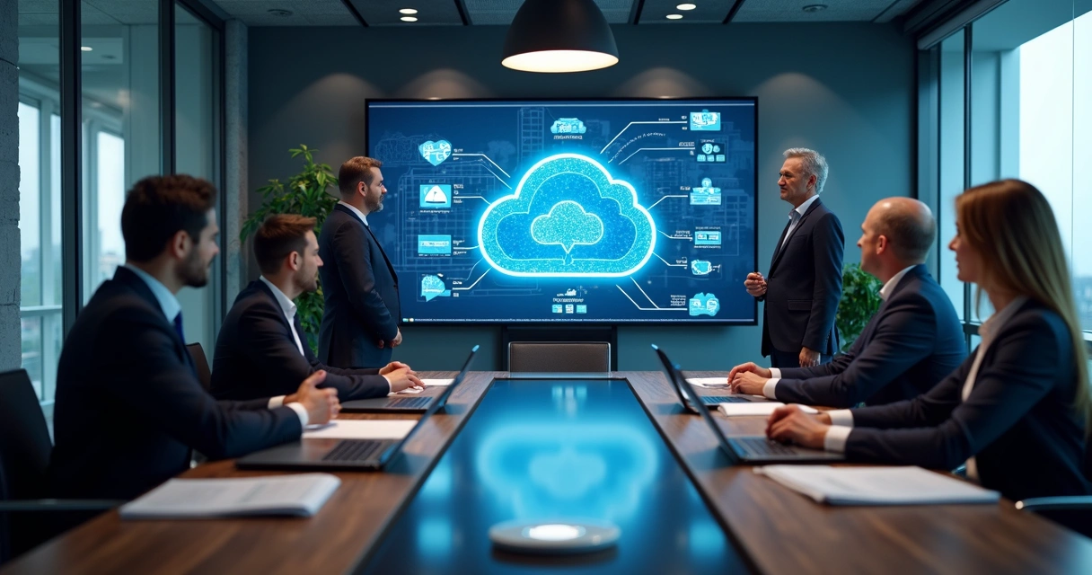 Reunião de executivos analisando opções de provedores de nuvem