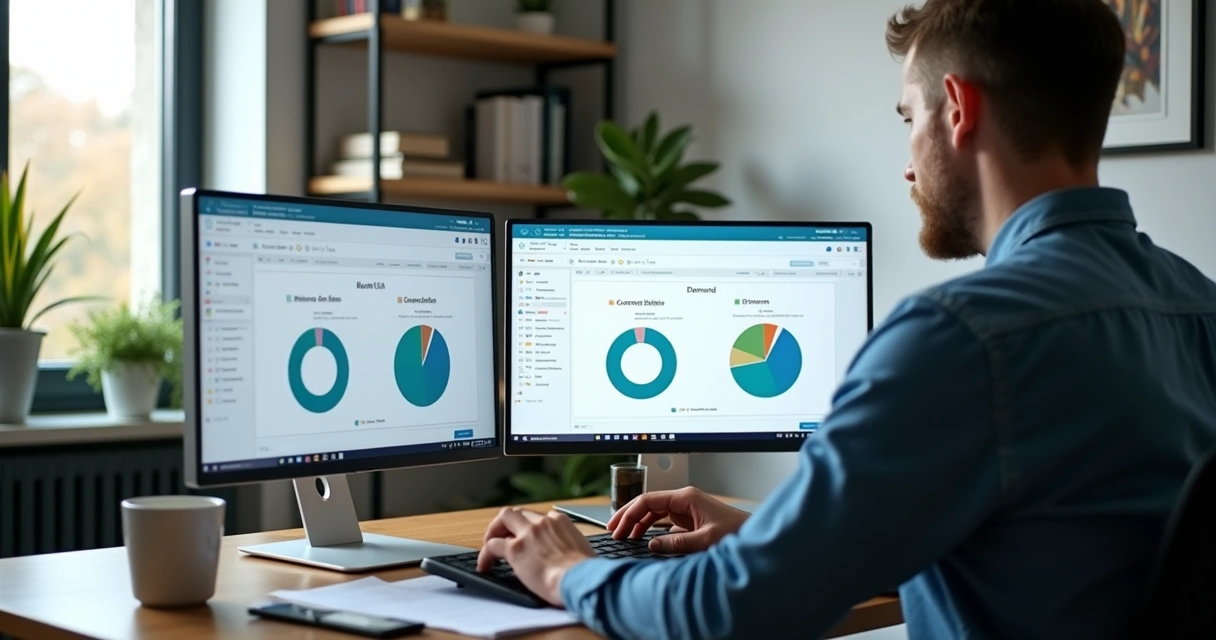Pessoa analisando gráficos de demanda e concorrência em telas digitais 