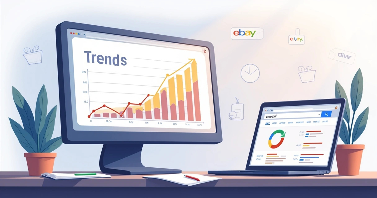 Workspace showing a computer with Google Trends, tools for keyword analysis, and e-commerce platform icons.