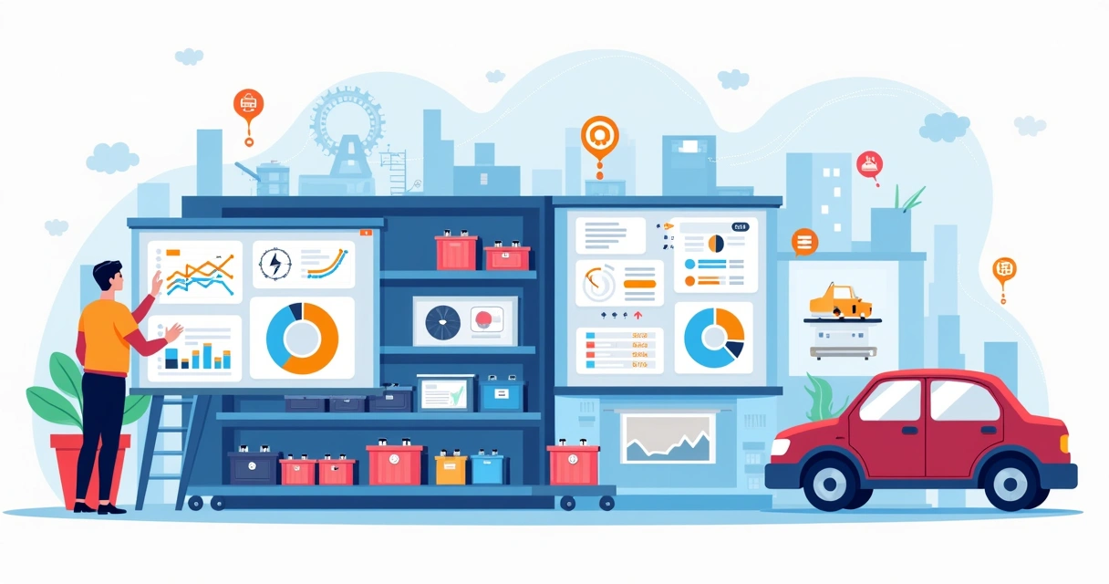 Ilustração corporativa mostrando comparação entre ferramenta de análise de demanda e software de previsão automática com gráficos e ícones de baterias automotivas 