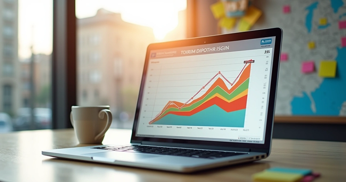 Gráfico colorido de demanda turística em tela de notebook com mapa ao fundo 