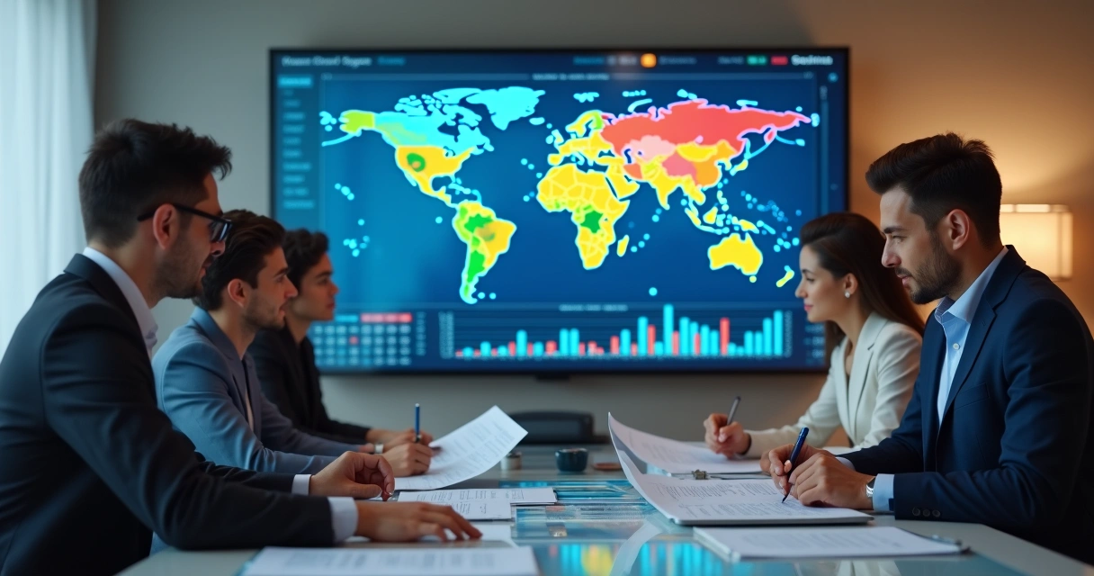 Pessoas analisando gráficos financeiros em reunião internacional 
