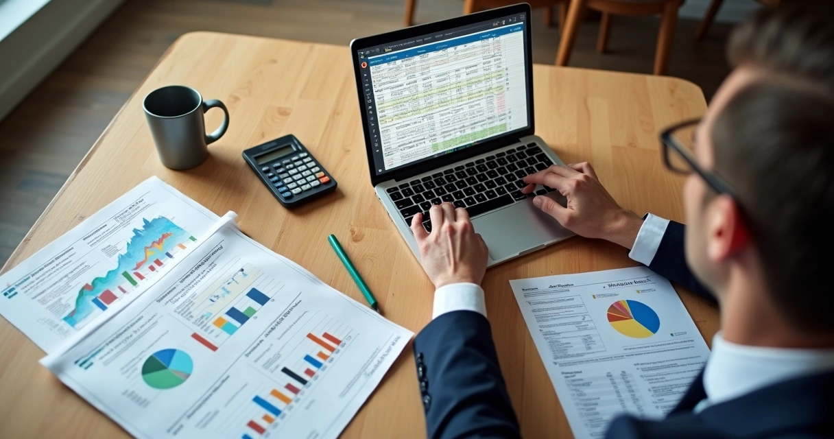Pessoa analisando demonstrativos fiscais em notebook com gráficos e tabelas na tela
