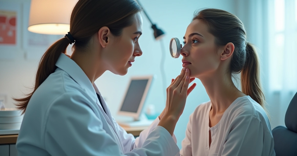 Dermatologista analisando manchas na pele de paciente com lupa 