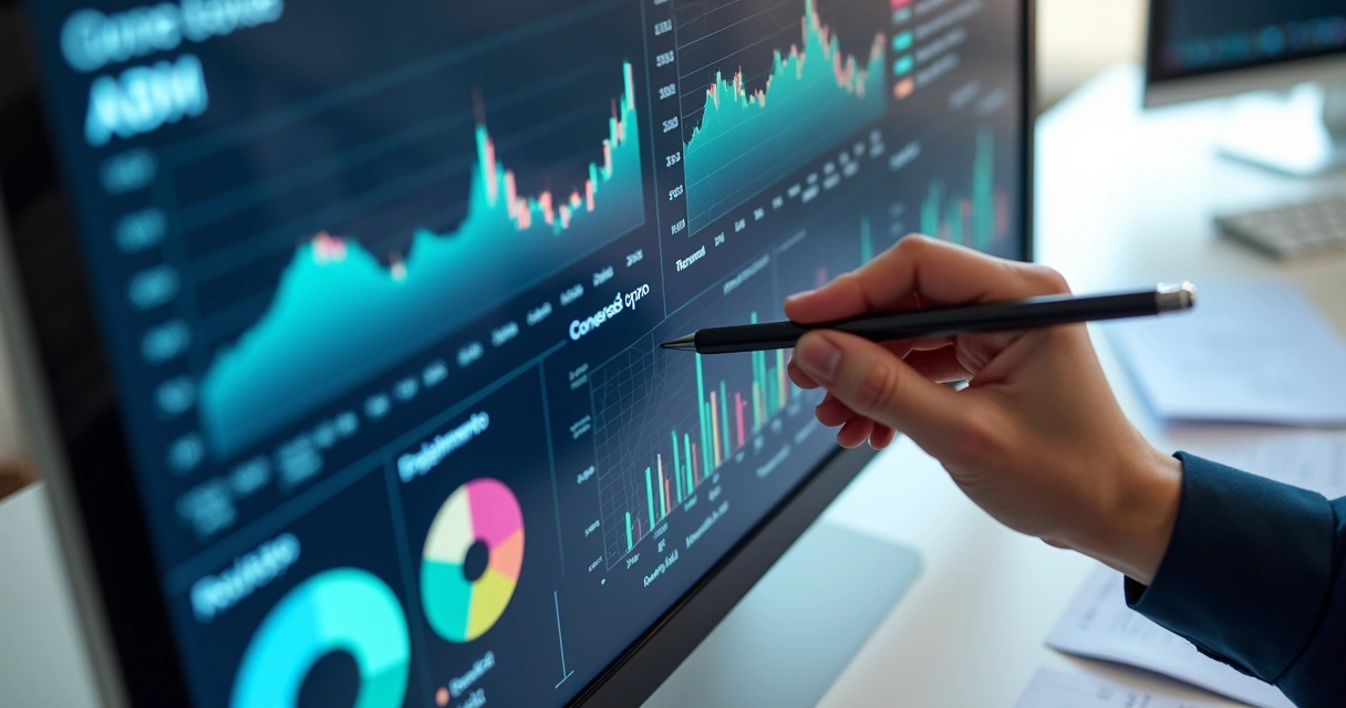 Dashboard com métricas de ABM, gráficos coloridos e relatórios de performance em monitor wide